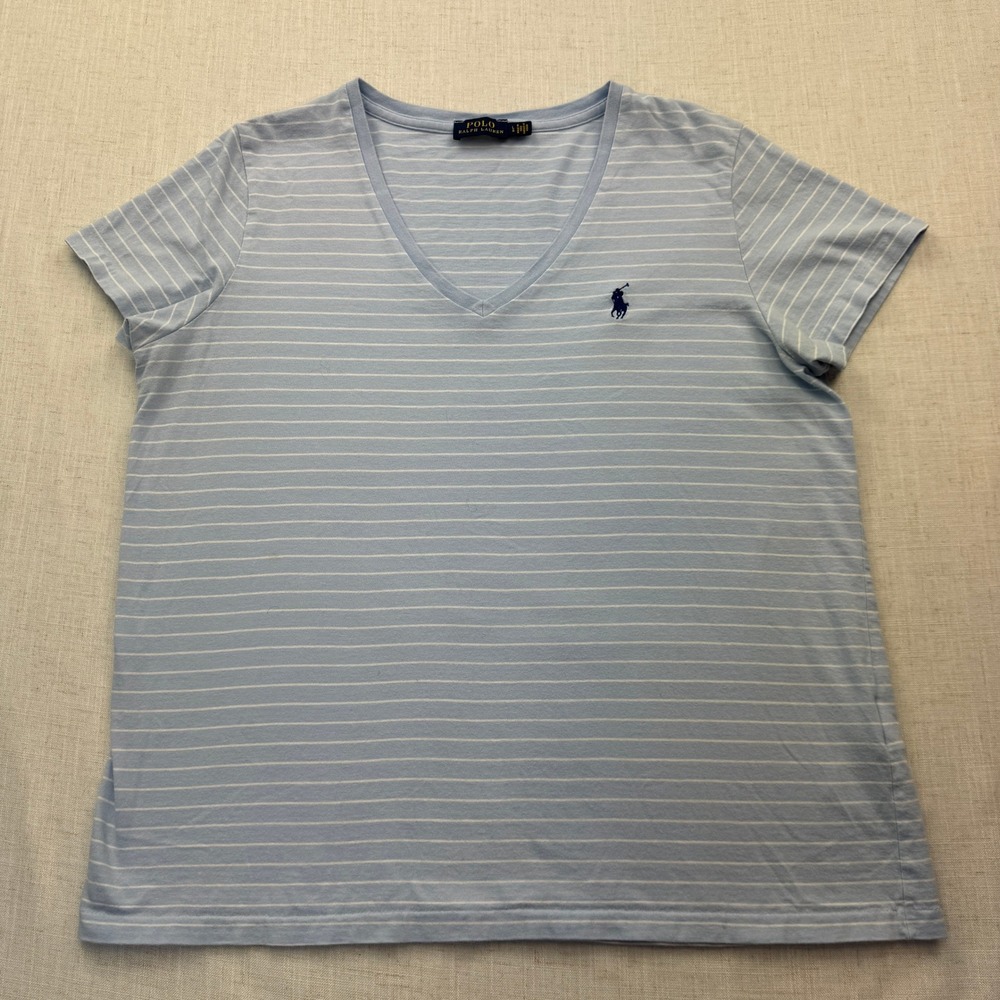 Polo Ralph Lauren T-Shirt Womens Large Blue White Striped V-Neck Pony Logo Tee